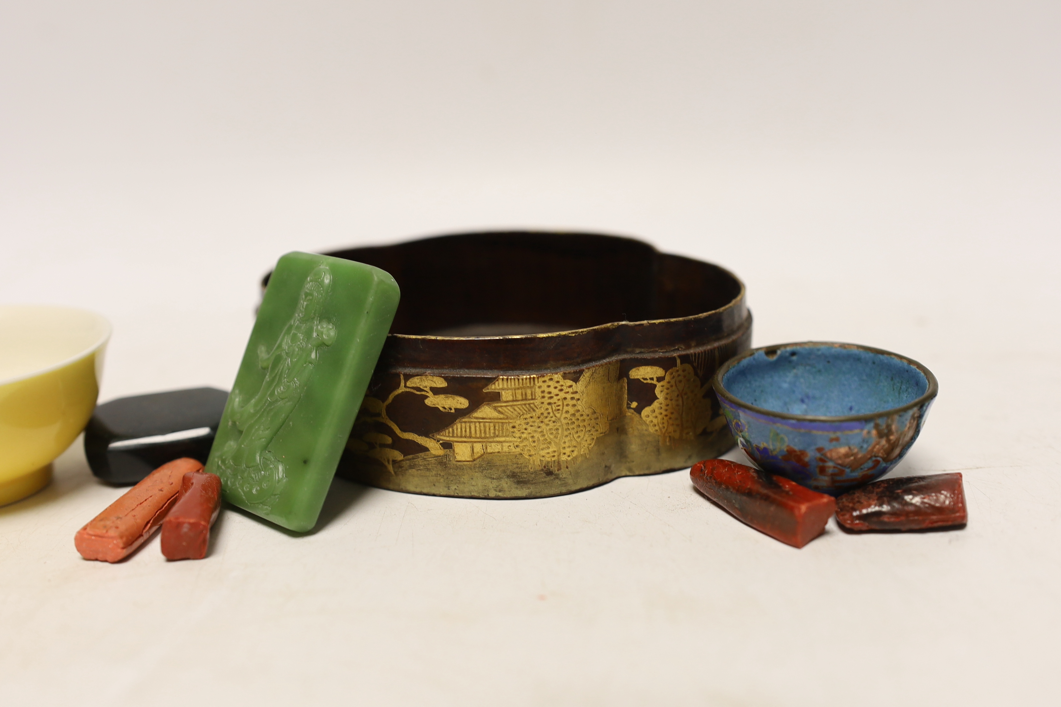 Assorted Chinese small items including Canton enamel etc., yellow glazed bowl 6cm diameter